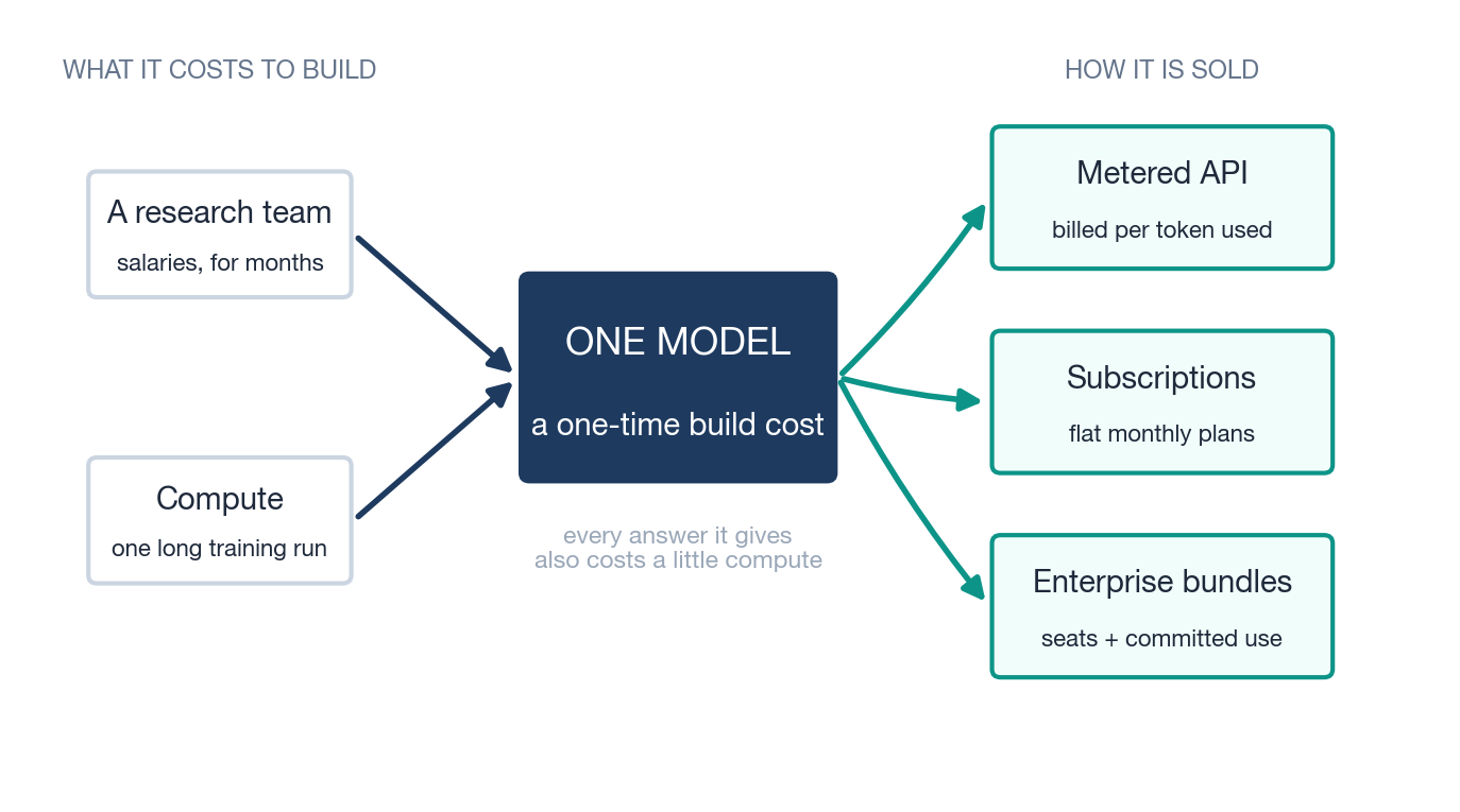 Diagram: a research team and compute produce one model, a one-time build cost, which is then sold through a metered API, monthly subscriptions, and enterprise bundles.